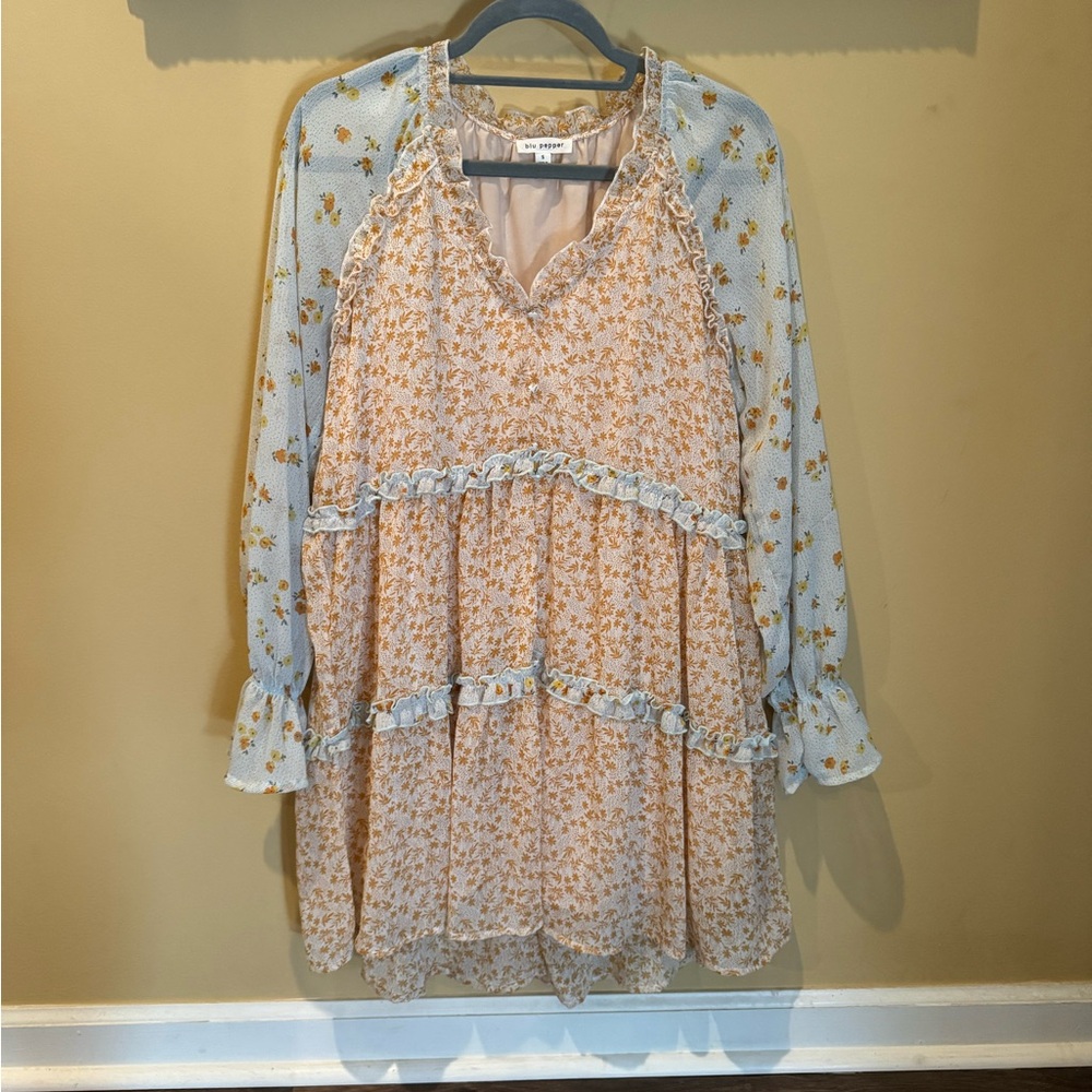 Women’s Blu Pepper Mixed Floral Print Baby Doll Tiered Dress in Blue and Pink.